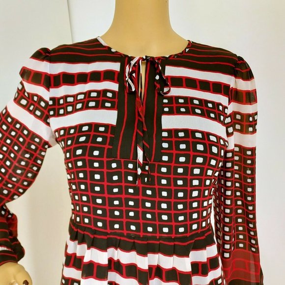 "LOFT" MULTICOLOR GEO TIE NECK PLEATED A LINE SKIRT DRESS SZ: SP NWT - Picture 2 of 5